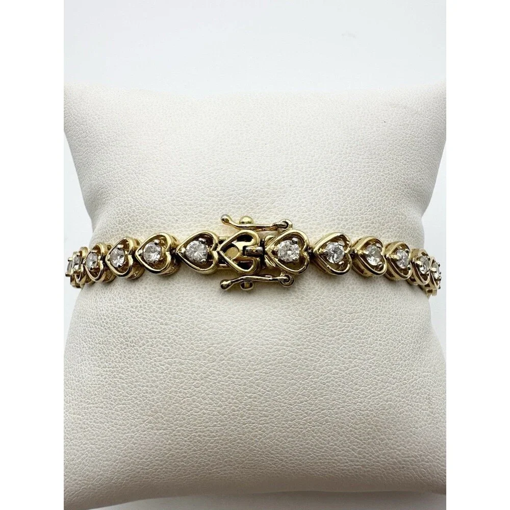 925 Sterling Silver Gold Vermeil Round C Z Heart Tennis Bracelet 7.5”
